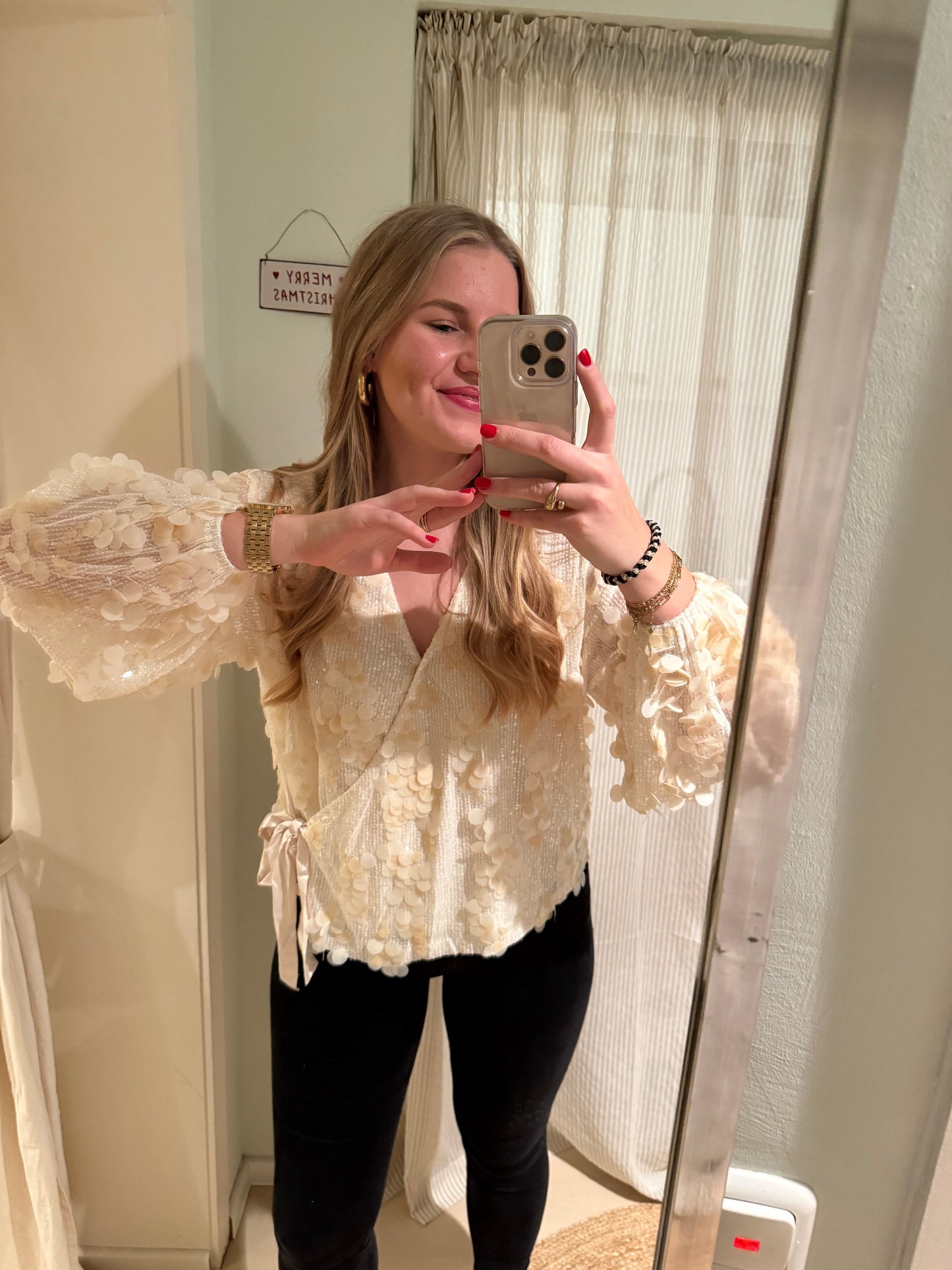 Wickelbluse mit Pailletten | Champagner