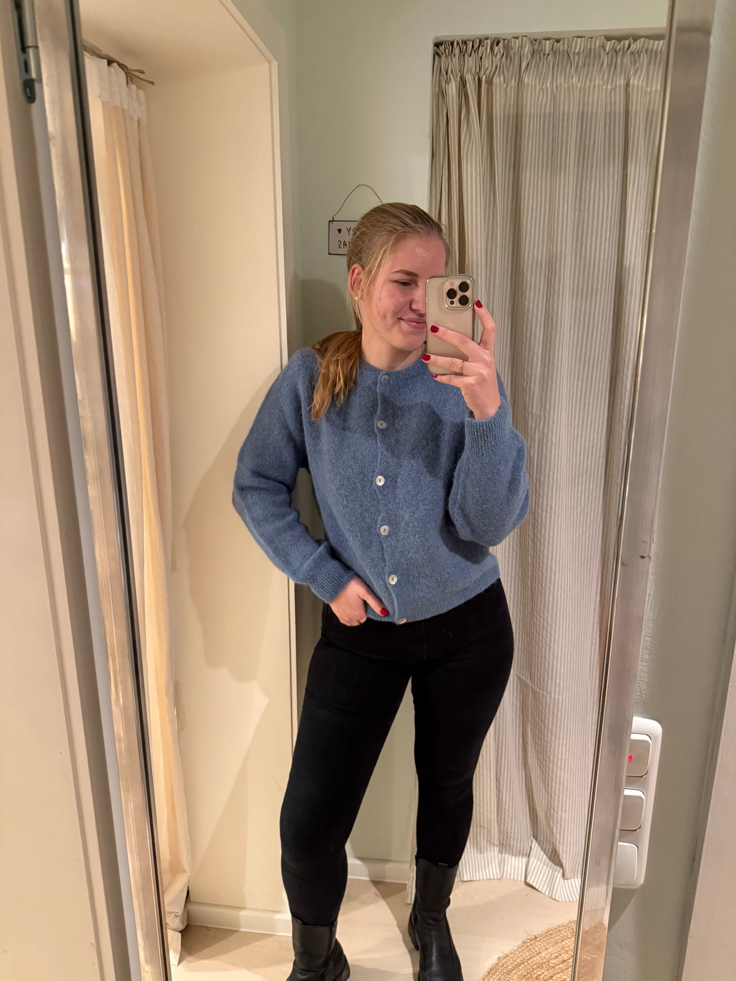 Baby-Alpaka Strickjacke Rundhals jeansblau