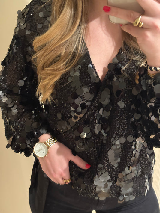 Wickelbluse mit Pailletten | Schwarz