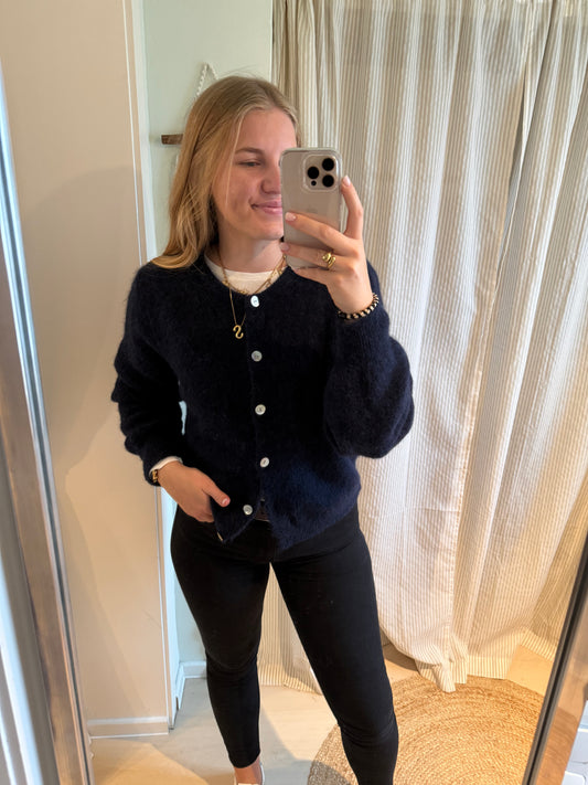 Baby-Alpaka Strickjacke Rundhals marineblau