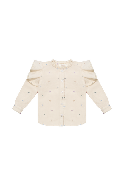 Flanellbluse mit Herzchen-Stickerei und Rüschen 'light beige'