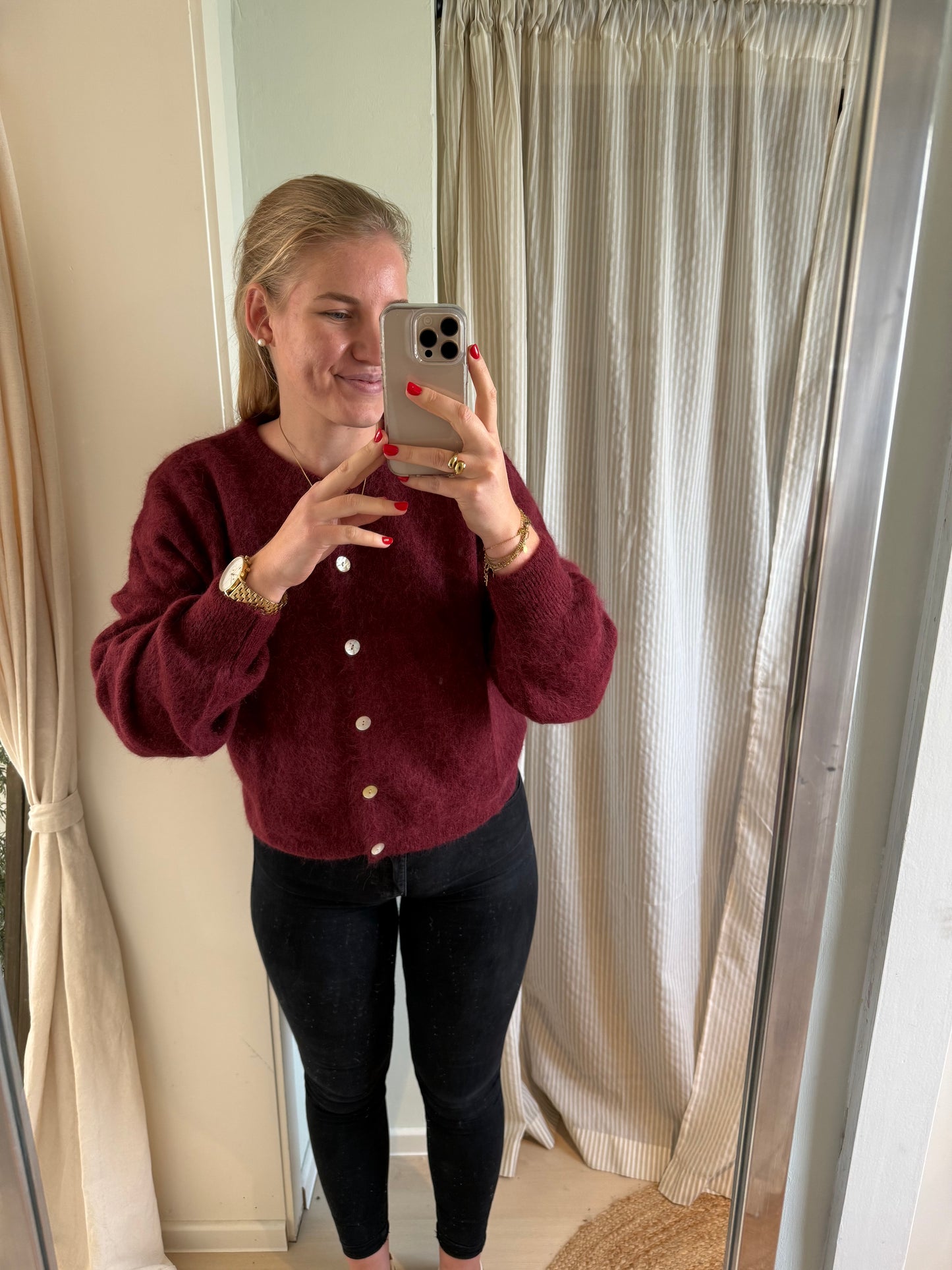 Baby-Alpaka Strickjacke Rundhals bordeaux