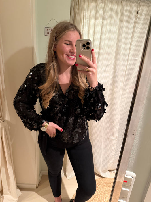 Wickelbluse mit Pailletten | Schwarz