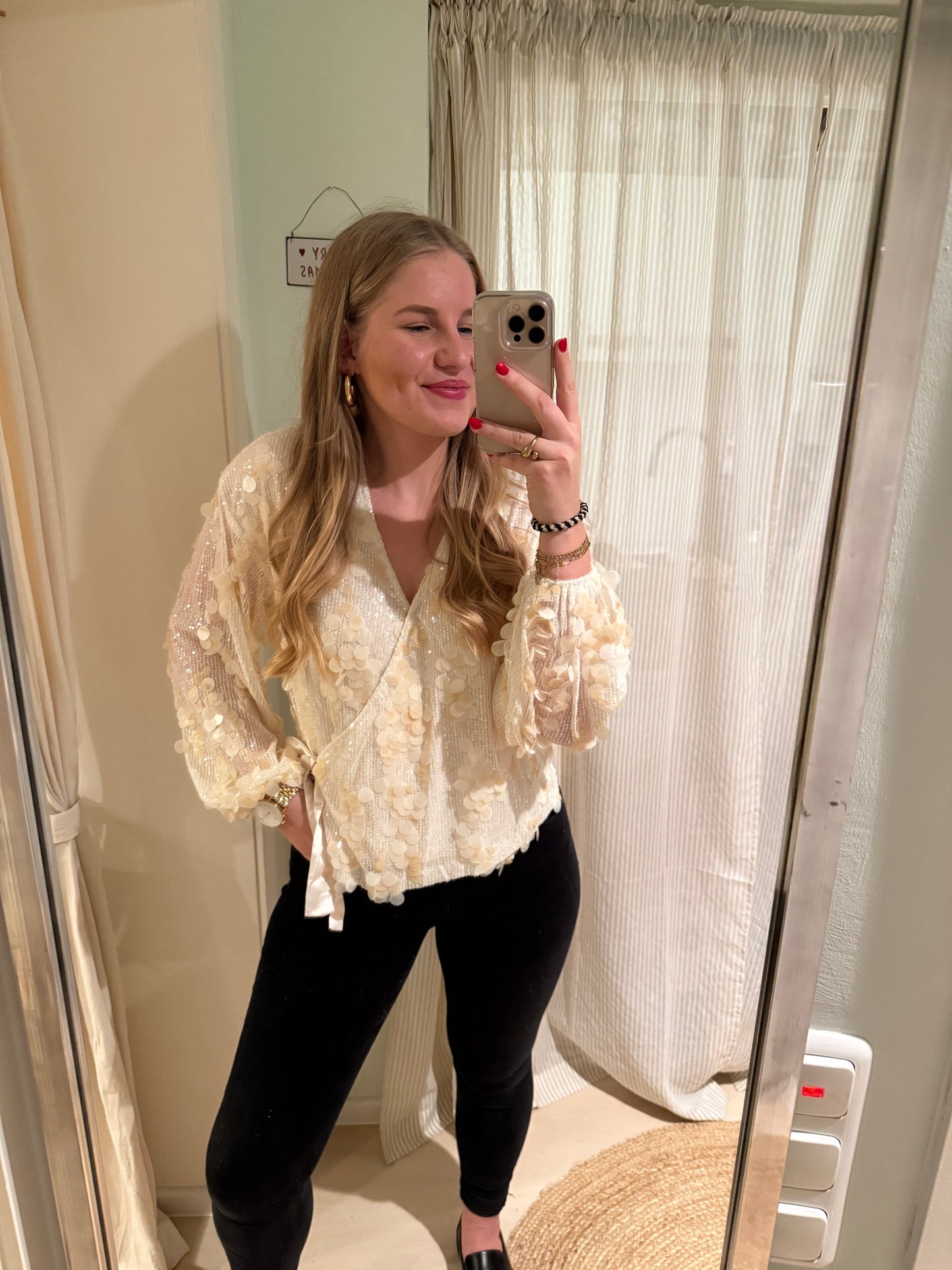 Wickelbluse mit Pailletten | Champagner