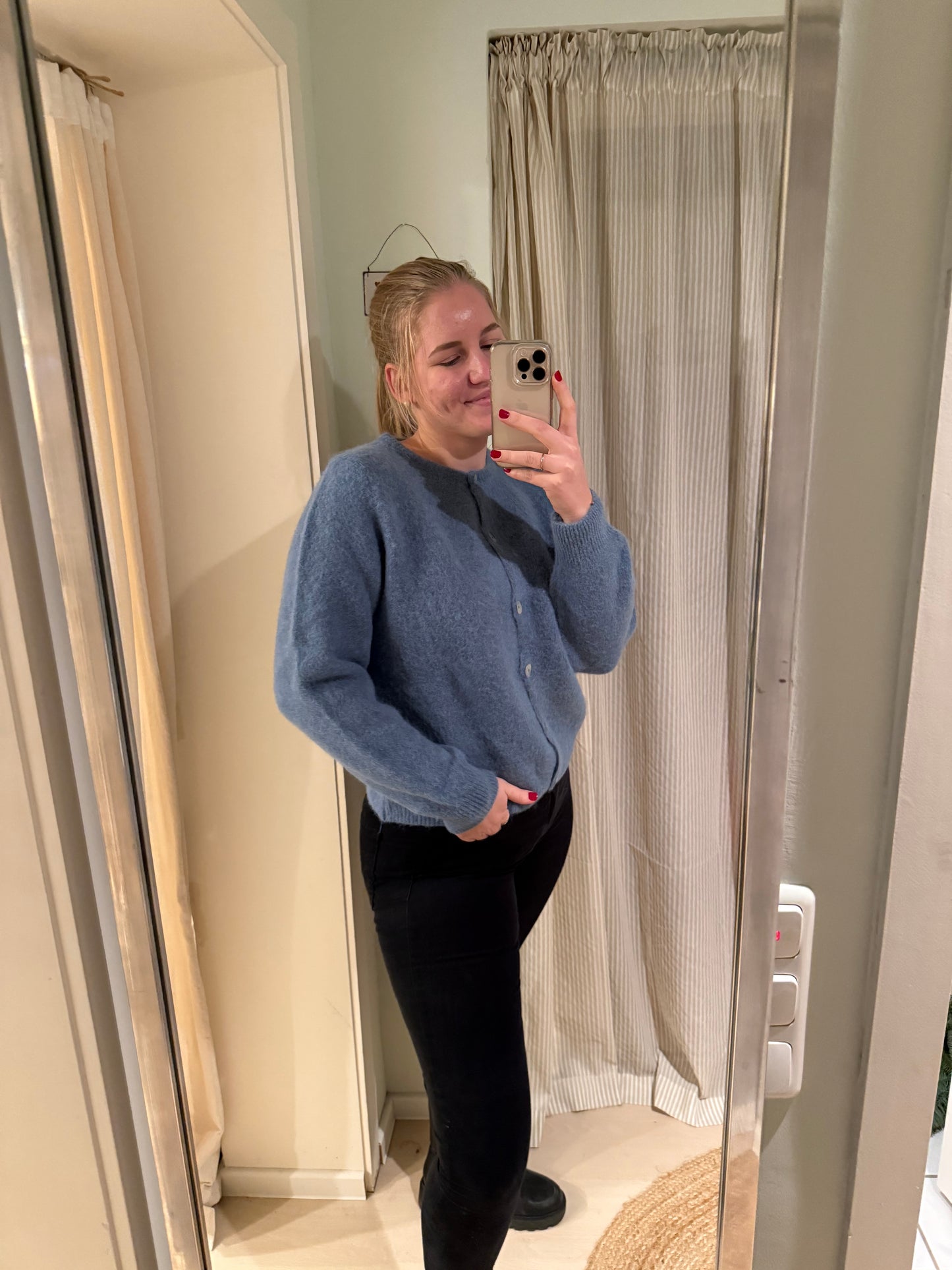 Baby-Alpaka Strickjacke Rundhals jeansblau