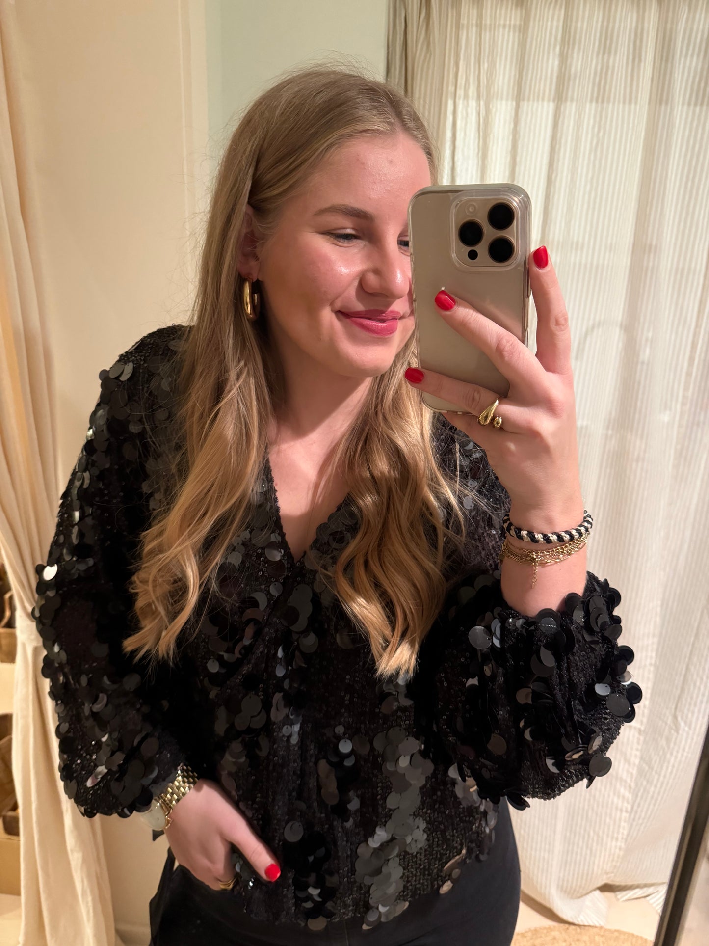 Wickelbluse mit Pailletten | Schwarz