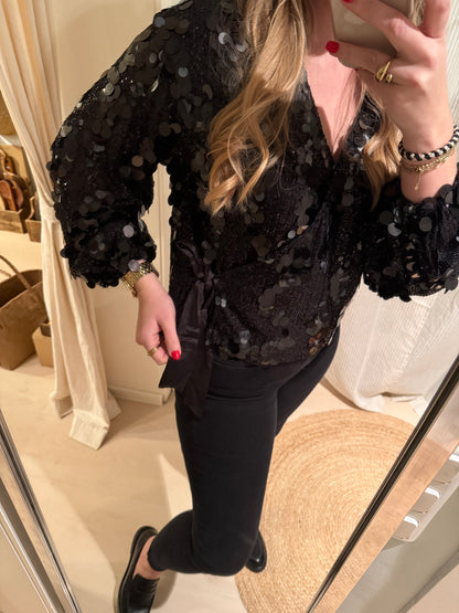 Wickelbluse mit Pailletten | Schwarz