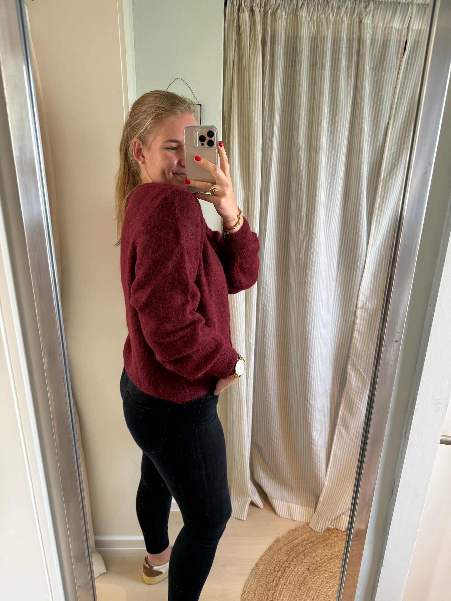 Baby-Alpaka Strickjacke Rundhals bordeaux