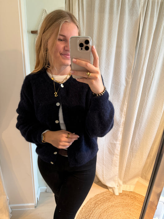 Baby-Alpaka Strickjacke Rundhals marineblau