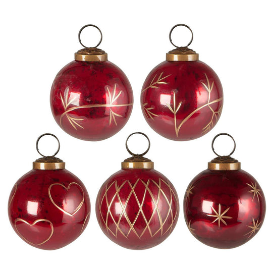 Weihnachtskugel rot mit goldener Gravur | 5er Set