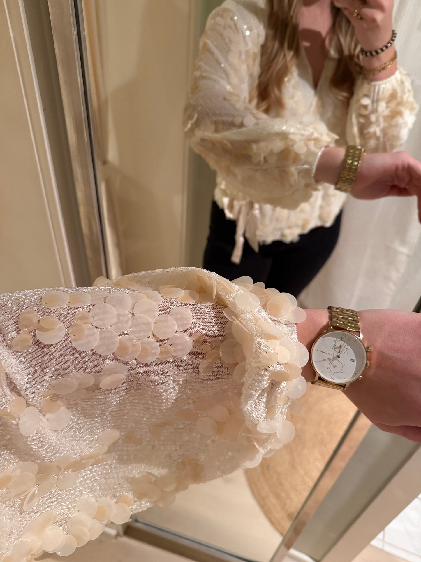 Wickelbluse mit Pailletten | Champagner