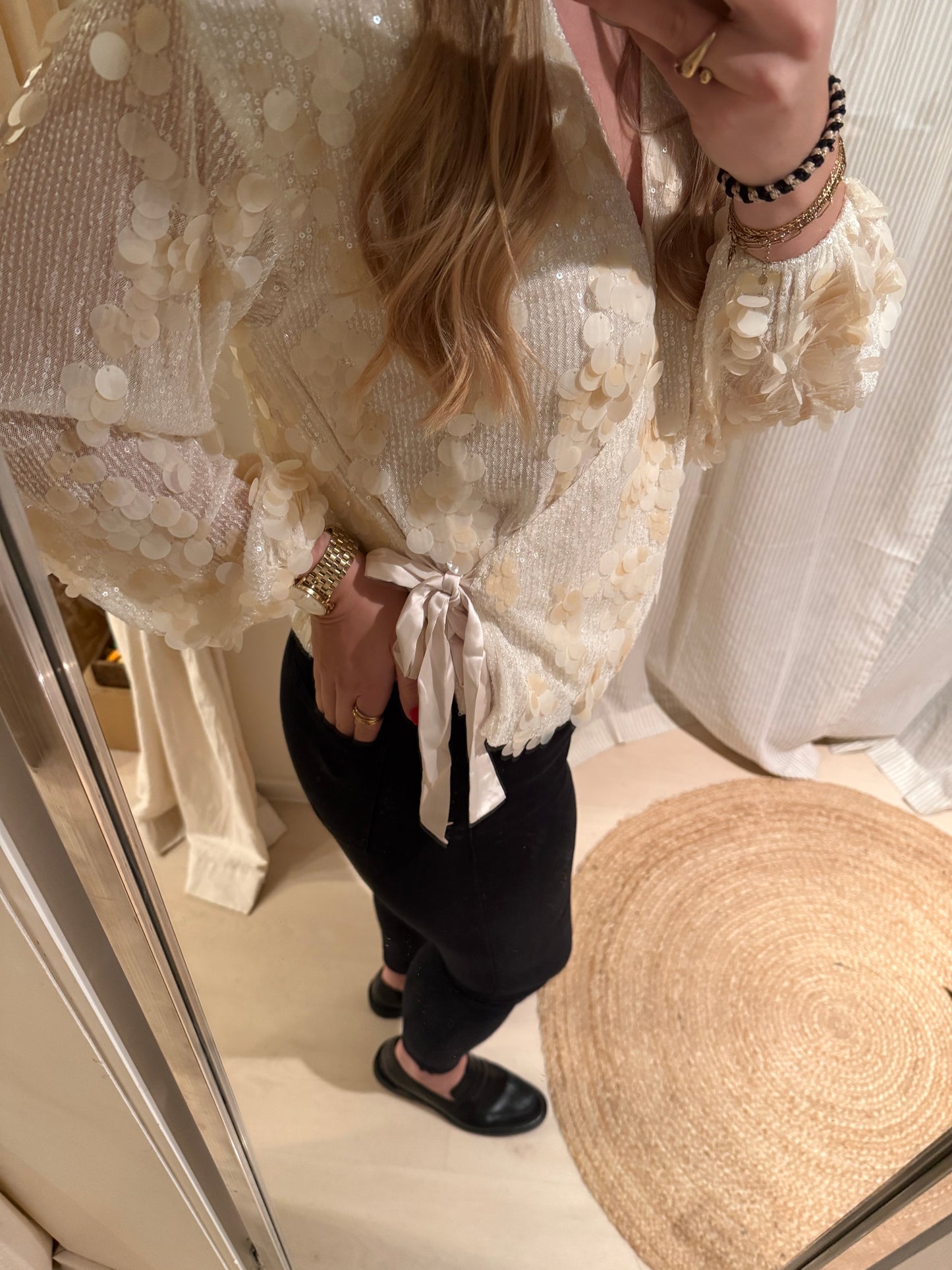 Wickelbluse mit Pailletten | Champagner