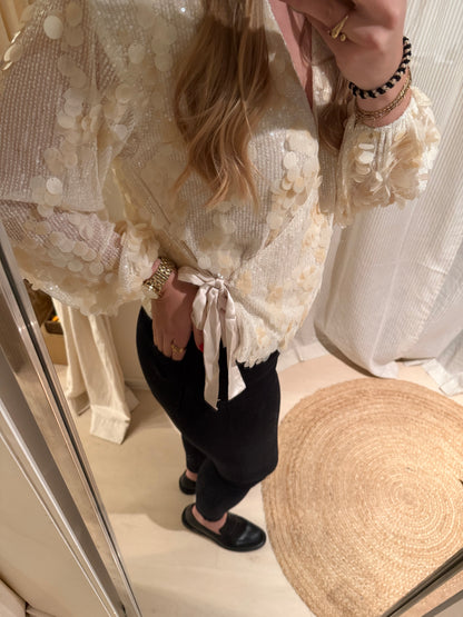 Wickelbluse mit Pailletten | Champagner