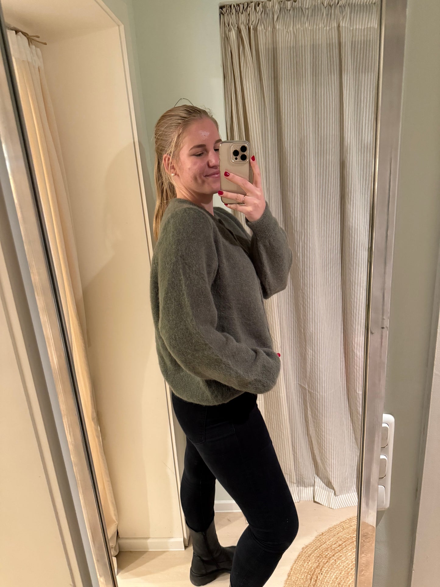 Baby-Alpaka Strickjacke Rundhals khaki