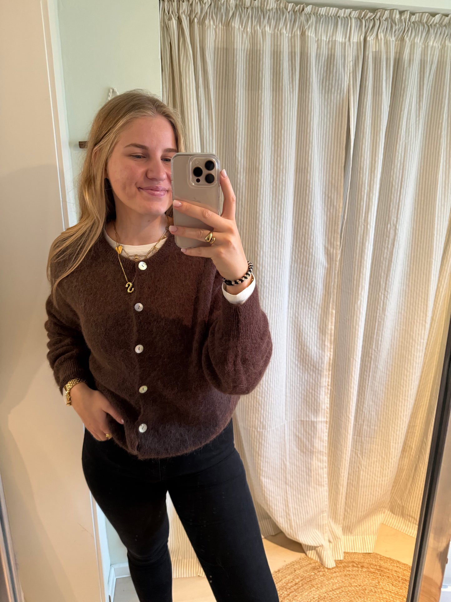 Baby-Alpaka Strickjacke Rundhals chocolate