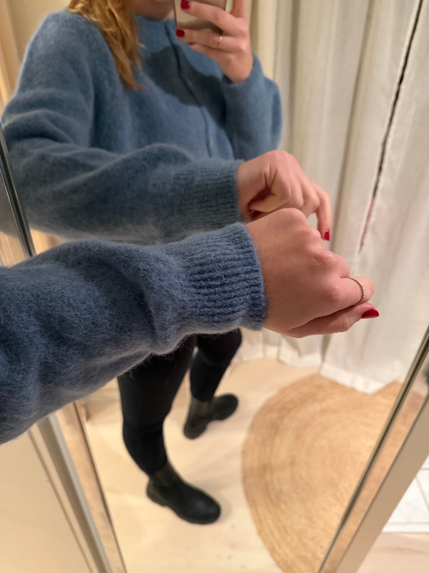 Baby-Alpaka Strickjacke Rundhals jeansblau