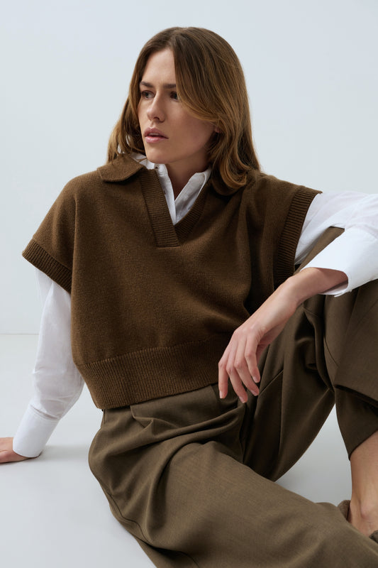 Strickoberteil Spencer mit Kragen | Teak Brown Melange