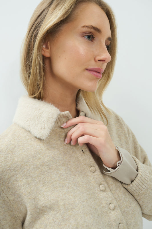 Cardigan mit abnehmbarem Kragen | Light Beige Melange