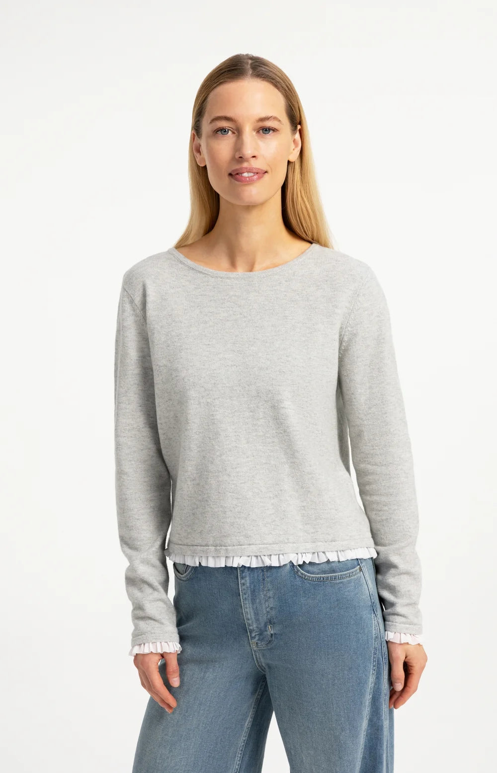 Feinstrick Oberteil mit Rüschenborten | Medium Grey Melange