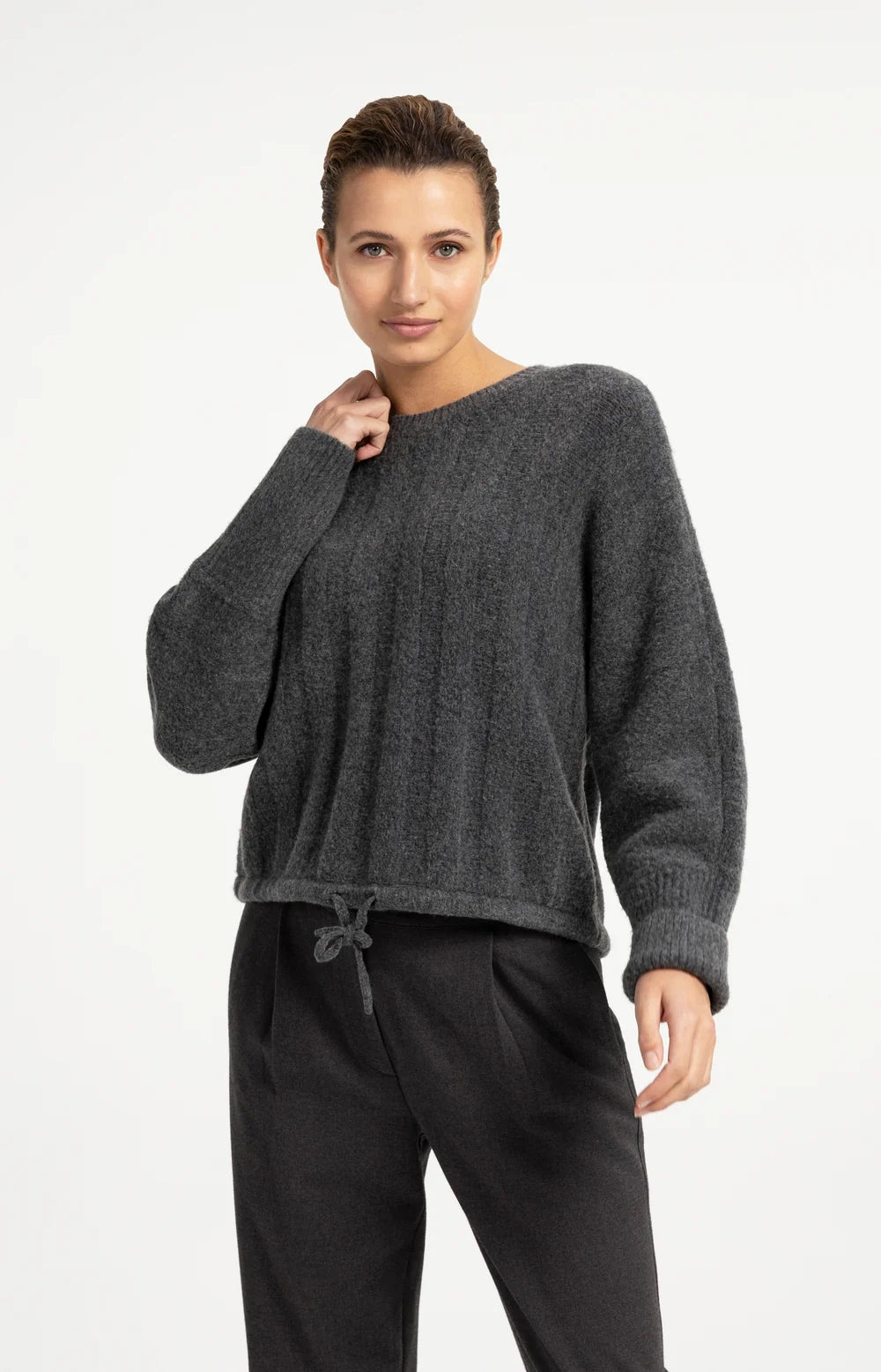 Strick Pullover mit Kordelzug | Grey Melange