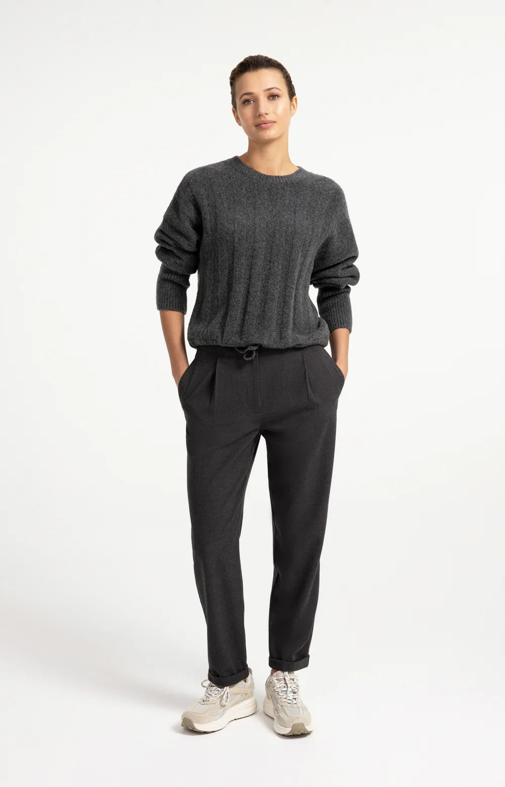 Strick Pullover mit Kordelzug | Grey Melange